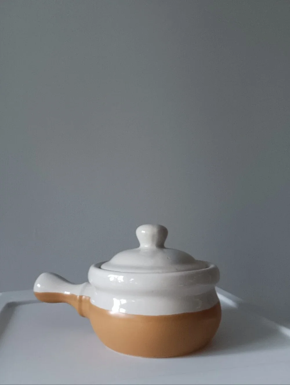 Vintage Handled Ceramic Crock French Onion Soup Bowl & Lid Bakeware Tan White